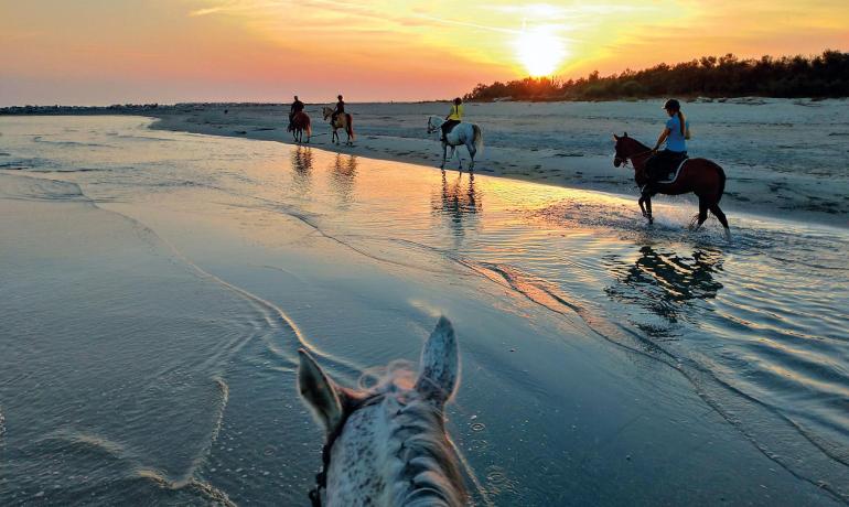 Jeźdźcy o zachodzie słońca na plaży, złote refleksy na wodzie.