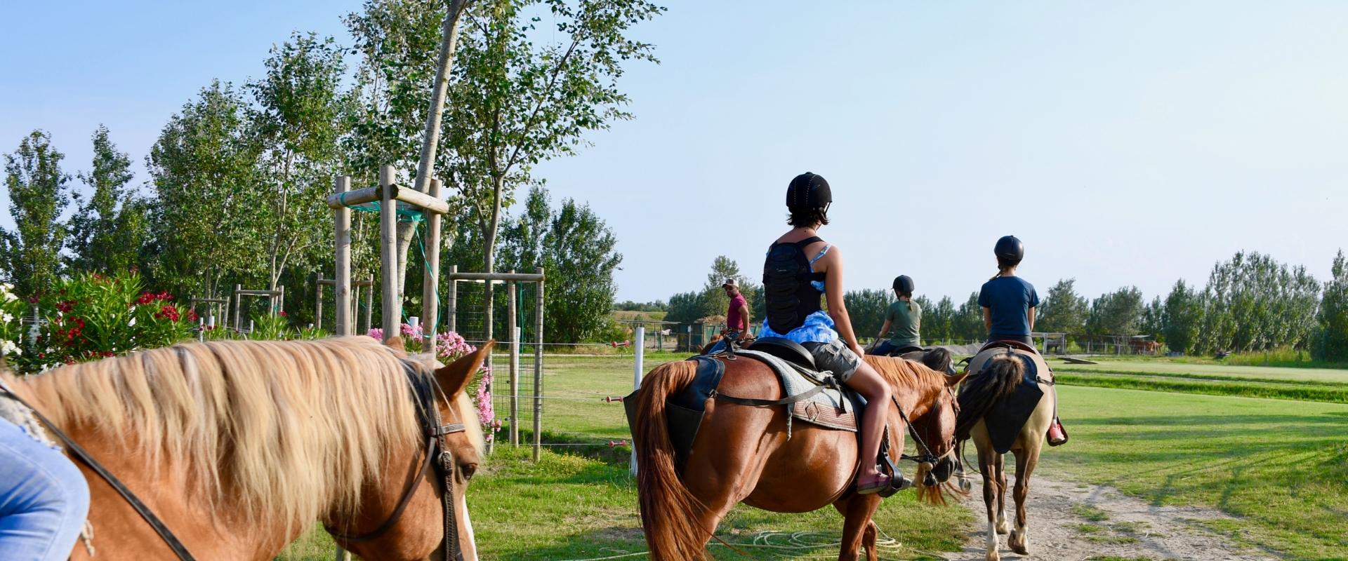 Persone a cavallo in un paesaggio verde con alberi e cielo sereno.