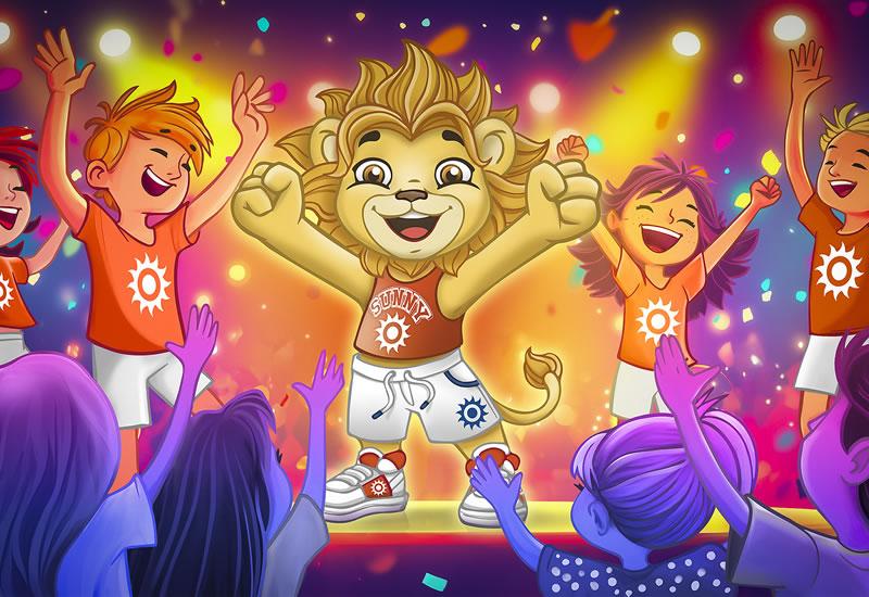 Un leone felice festeggia con bambini, colori vivaci e gioia contagiosa.
