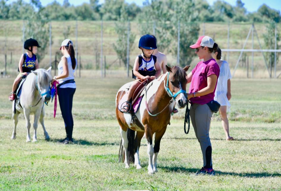 Bambini a cavallo guidati da istruttori in un campo all'aperto.