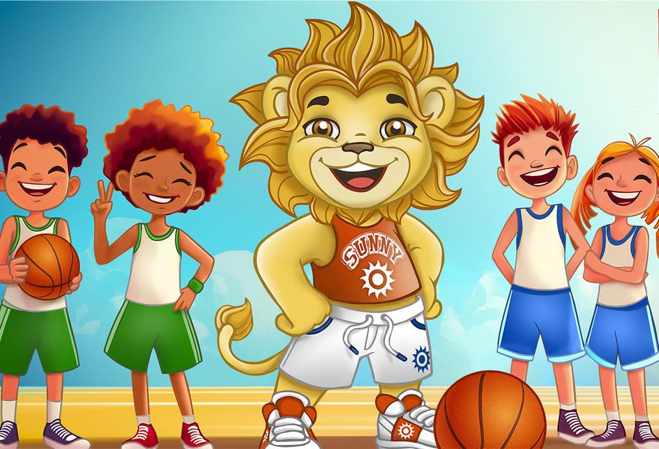 Leoni e bambini sorridenti giocano a basket sotto il sole.