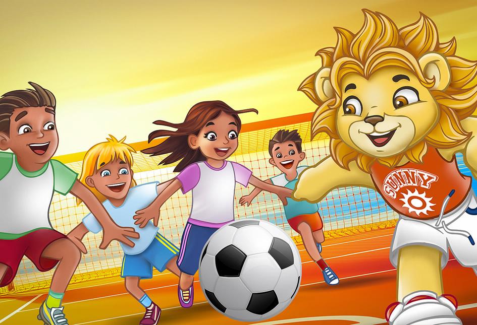 Bambini felici giocano a calcio con un leone sorridente al tramonto.