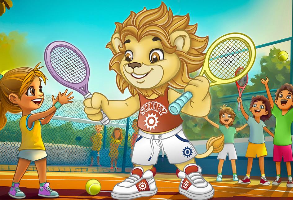 Un leone sorridente gioca a tennis con bambini felici su un campo soleggiato.